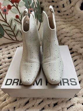 Dream Pairs White Rhinestone Chelsea Ankle Booties
